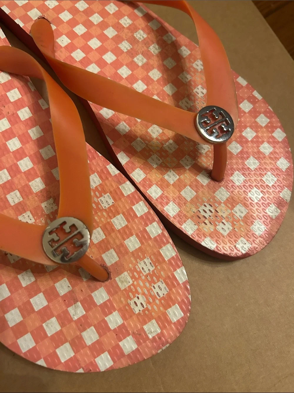 Tory Burch Coral-Orange gingham Flip Flops